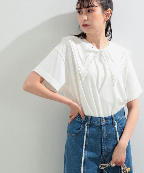 Ray BEAMS（レイビームス）の「Ray BEAMS / レース ツケエリ ハーフスリーブ Tシャツ（Tシャツ/カットソー・レディース・ホワイト/ブラック・ONE SIZE）」の8枚目の写真