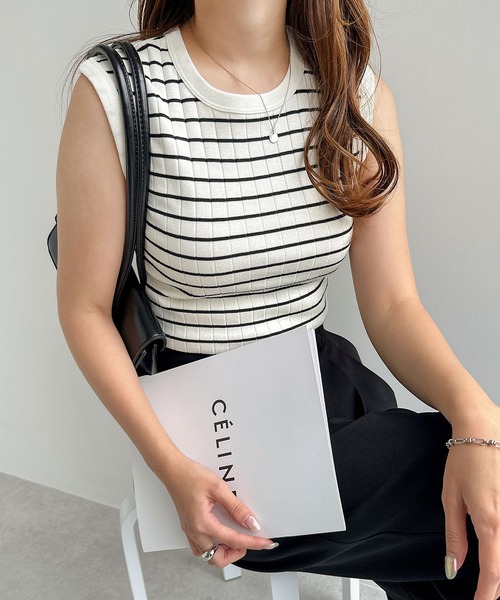 andme（アンドミー）の「コットンフライスボーダーワイドリブノースリーブ（Tシャツ/カットソー・レディース・ライトグリーン/ネイビー/オレンジ/ブラック/オフホワイト・M/L）」の2枚目の写真