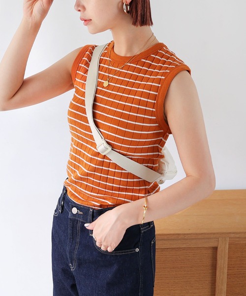 andme（アンドミー）の「コットンフライスボーダーワイドリブノースリーブ（Tシャツ/カットソー・レディース・ライトグリーン/ネイビー/オレンジ/ブラック/オフホワイト・M/L）」の5枚目の写真
