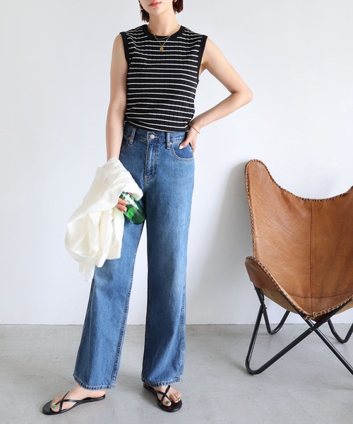 andme（アンドミー）の「コットンフライスボーダーワイドリブノースリーブ（Tシャツ/カットソー・レディース・ライトグリーン/ネイビー/オレンジ/ブラック/オフホワイト・M/L）」の6枚目の写真