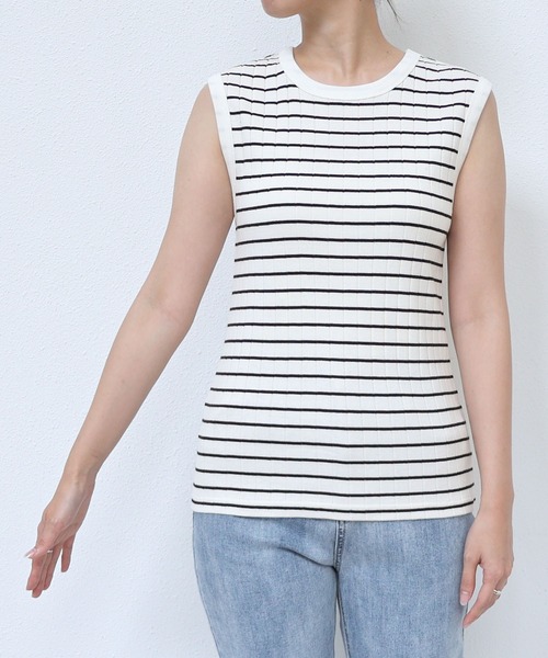 andme（アンドミー）の「コットンフライスボーダーワイドリブノースリーブ（Tシャツ/カットソー・レディース・ライトグリーン/ネイビー/オレンジ/ブラック/オフホワイト・M/L）」の10枚目の写真