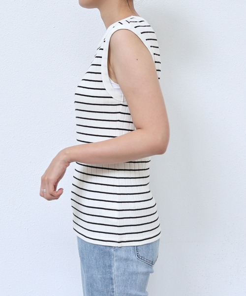 andme（アンドミー）の「コットンフライスボーダーワイドリブノースリーブ（Tシャツ/カットソー・レディース・ライトグリーン/ネイビー/オレンジ/ブラック/オフホワイト・M/L）」の11枚目の写真