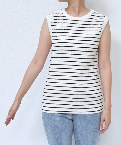 andme（アンドミー）の「コットンフライスボーダーワイドリブノースリーブ（Tシャツ/カットソー・レディース・ライトグリーン/ネイビー/オレンジ/ブラック/オフホワイト・M/L）」の13枚目の写真