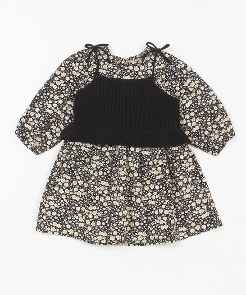 petit main（プティマイン）の「【リンク】花柄ワンピースビスチェセット★（シャツワンピース・キッズ・ブラック/ライトピンク・110cm/100cm/90cm/120cm/130cm/80ｃｍ）」の3枚目の写真
