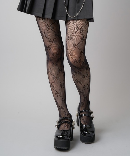 SPINNS（スピンズ）の「カラーレースタイツ リボン 網タイツ シースルータイツ（タイツ/ストッキング・レディース・ホワイト/ブラック・ONESIZE）」の13枚目の写真