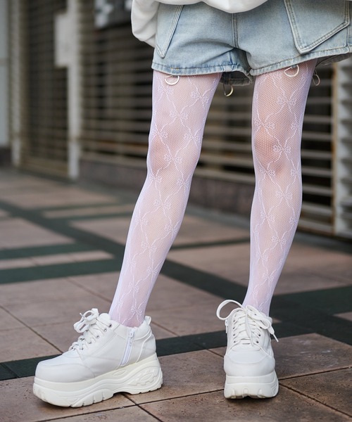 カラーレースタイツ リボン 網タイツ シースルータイツ（タイツ
