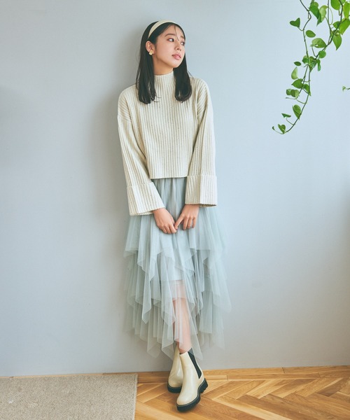 mysty woman（ミスティウーマン）の「チュールヘムティアードスカート 988046（スカート・レディース・ライトグリーン/アイボリー/ブラック・FREE）」の6枚目の写真
