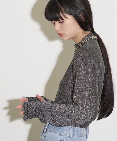 THE YOn(ザヨン)の「グリッターシャーリングカフフィンガーホールトップス(Tシャツ/カットソー・レディース・ミント/ホワイト×シルバー/ブラック×シルバー/オレンジ・FREE)」の18枚目の写真