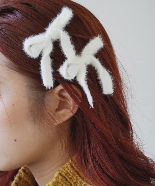 秋のバレッタ ヘアクリップ セール】【 2個セット 】 ふわふわ ニット リボン ヘアクリップ_