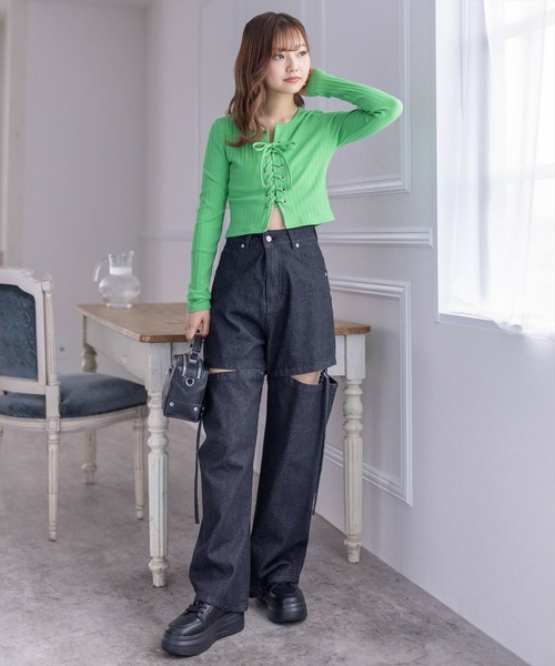 clear（クリア）の「フロントレースアップリブカットソー≪2024SS新作≫（Tシャツ/カットソー・レディース・ブラック/オフホワイト/グリーン/杢グレー/サックスブルー・F）」の18枚目の写真