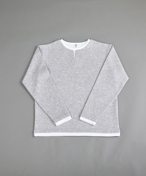 VIBGYOR（ヴィブジョー）の「ふくれ幾何学ジャガード 長袖 フェイクキーネック（Tシャツ/カットソー・メンズ・ホワイト/杢グレー/ブラック・LARGE/MEDIUM）」の2枚目の写真