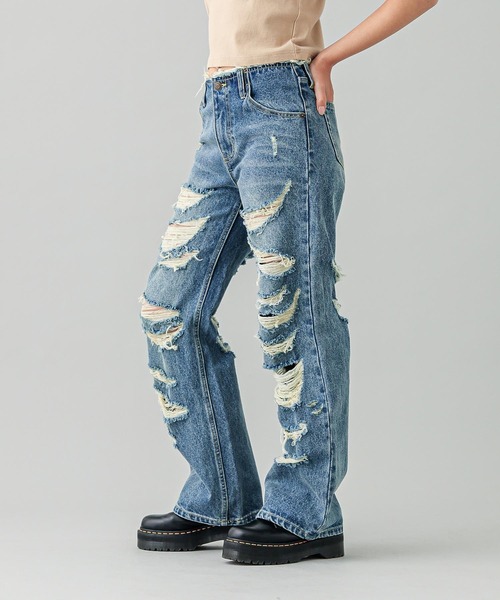 X-girl（エックスガール）の「RIPPED DENIM PANTS（デニムパンツ