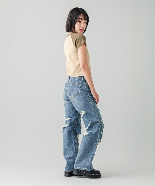 X-girl（エックスガール）の「RIPPED DENIM PANTS（デニムパンツ・レディース・ブラック/ライトインディゴブルー・S/M）」の8枚目の写真