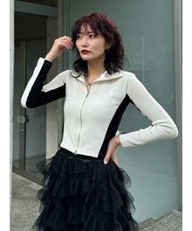 【LVEU.】バイカラーダブルジップトップス / トップス ニット リブ バイカラー 配色 ジップ ハイネック クロップド ショート ブラック ホワイト