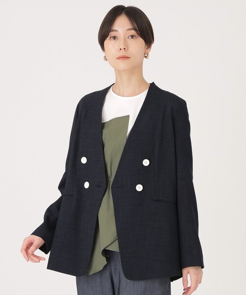 CAST:（キャストコロン）の「【洗える/セットアップ】リネンライクノーカラージャケット（ノーカラージャケット・レディース・オフホワイト/ネイビー/ベージュ・S/M）」の3枚目の写真