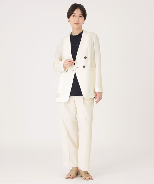 CAST:（キャストコロン）の「【洗える/セットアップ】リネンライクノーカラージャケット（ノーカラージャケット・レディース・オフホワイト/ネイビー/ベージュ・S/M）」の4枚目の写真