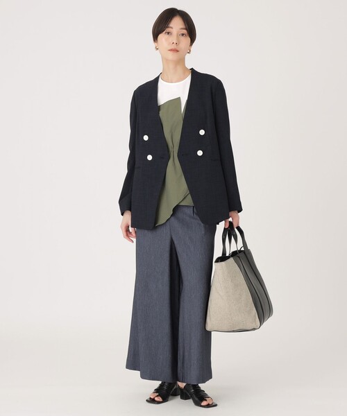 CAST:（キャストコロン）の「【洗える/セットアップ】リネンライクノーカラージャケット（ノーカラージャケット・レディース・オフホワイト/ネイビー/ベージュ・S/M）」の5枚目の写真