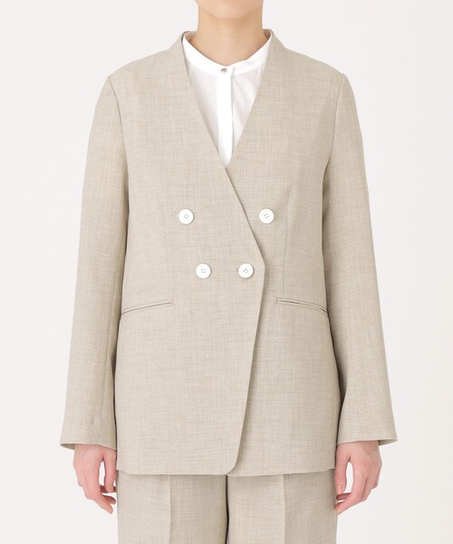 CAST:（キャストコロン）の「【洗える/セットアップ】リネンライクノーカラージャケット（ノーカラージャケット・レディース・オフホワイト/ネイビー/ベージュ・S/M）」の10枚目の写真