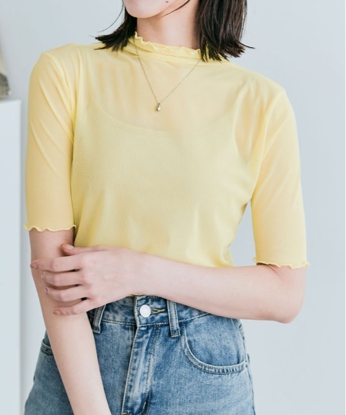 kirakiraShop（キラキラショップ）の「さらっと透けて、なめらかにフィットする。11色 シアー メッシュ 半袖 トップス トッド（Tシャツ/カットソー・レディース・ブラック/オフホワイト/グレー/カーキ/ホワイト系/グリーン系/ブルー系/イエロー系/イエロー系1/ライトパープル/クリーム・M/L/XL）」の12枚目の写真