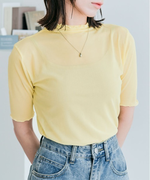 kirakiraShop（キラキラショップ）の「さらっと透けて、なめらかにフィットする。11色 シアー メッシュ 半袖 トップス トッド（Tシャツ/カットソー・レディース・ブラック/オフホワイト/グレー/カーキ/ホワイト系/グリーン系/ブルー系/イエロー系/イエロー系1/ライトパープル/クリーム・M/L/XL）」の16枚目の写真