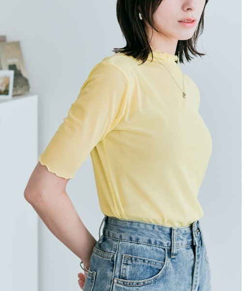 kirakiraShop（キラキラショップ）の「さらっと透けて、なめらかにフィットする。11色 シアー メッシュ 半袖 トップス トッド（Tシャツ/カットソー・レディース・ブラック/オフホワイト/グレー/カーキ/ホワイト系/グリーン系/ブルー系/イエロー系/イエロー系1/ライトパープル/クリーム・M/L/XL）」の19枚目の写真