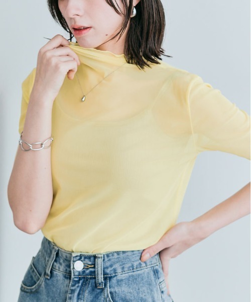 kirakiraShop（キラキラショップ）の「さらっと透けて、なめらかにフィットする。11色 シアー メッシュ 半袖 トップス トッド（Tシャツ/カットソー・レディース・ブラック/オフホワイト/グレー/カーキ/ホワイト系/グリーン系/ブルー系/イエロー系/イエロー系1/ライトパープル/クリーム・M/L/XL）」の20枚目の写真