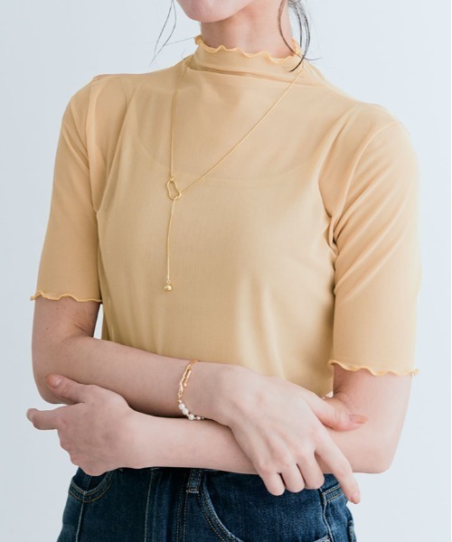 kirakiraShop（キラキラショップ）の「さらっと透けて、なめらかにフィットする。11色 シアー メッシュ 半袖 トップス トッド（Tシャツ/カットソー・レディース・ブラック/オフホワイト/グレー/カーキ/ホワイト系/グリーン系/ブルー系/イエロー系/イエロー系1/ライトパープル/クリーム・M/L/XL）」の13枚目の写真