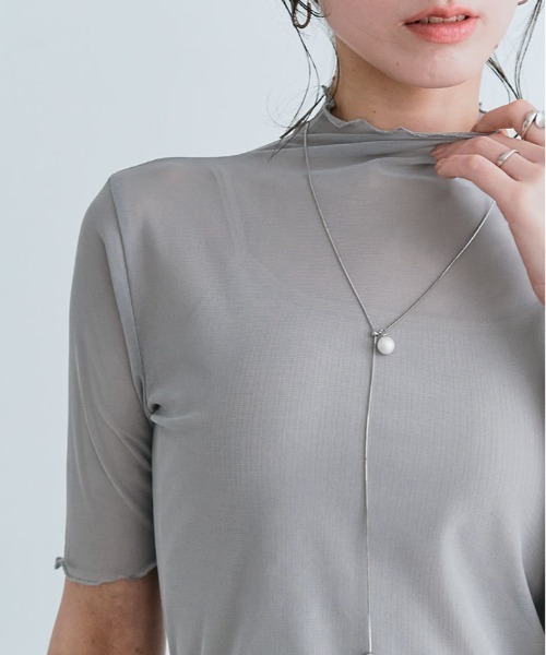 kirakiraShop（キラキラショップ）の「さらっと透けて、なめらかにフィットする。11色 シアー メッシュ 半袖 トップス トッド（Tシャツ/カットソー・レディース・ブラック/オフホワイト/グレー/カーキ/ホワイト系/グリーン系/ブルー系/イエロー系/イエロー系1/ライトパープル/クリーム・M/L/XL）」の20枚目の写真