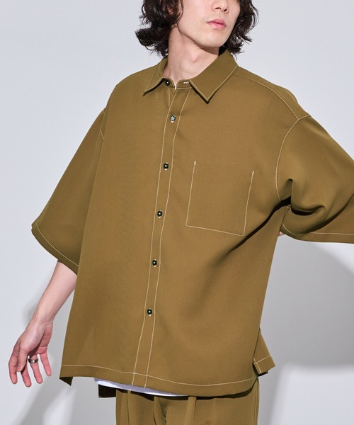 JUNRED（ジュンレッド）の「【 セットアップ対応 】ステッチワークレギュラーカラールーズシャツ（シャツ/ブラウス・メンズ・ブラック/オリーブ/ライトグレー・L/M/S）」の3枚目の写真