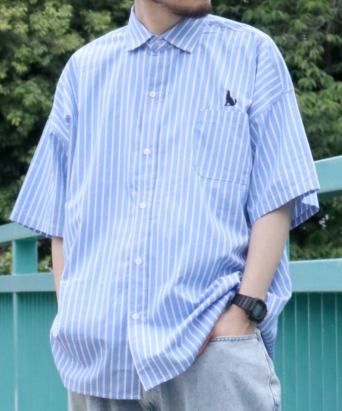 Healthknit Product(ヘルスニットプロダクト)の「別注【Healthknit Product】one point stitch broadcloth shirt/ワンポイント刺繍 ブロードクロス レギュラーカラー 半袖シャツ 無地/ストライプ(シャツ/ブラウス・メンズ・ブラック/グレイッシュブルー/ブラック系その他/ホワイト/グリーン/ホワイト系その他/ブルー系その他/グリーン系その他/グレー/イエロー・M/L/XL)」の20枚目の写真