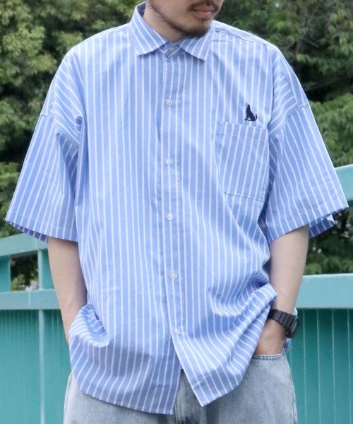 Healthknit Product(ヘルスニットプロダクト)の「別注【Healthknit Product】one point stitch broadcloth shirt/ワンポイント刺繍 ブロードクロス レギュラーカラー 半袖シャツ 無地/ストライプ(シャツ/ブラウス・メンズ・ブラック/グレイッシュブルー/ブラック系その他/ホワイト/グリーン/ホワイト系その他/ブルー系その他/グリーン系その他/グレー/イエロー・M/L/XL)」の21枚目の写真