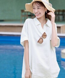 23SS 極美品　リネン混ノーカラーブラウス　ストライプ　スキッパー　洗える 23SS 極美品 リネン混ノーカラーブラウス ストライプ スキッパー
