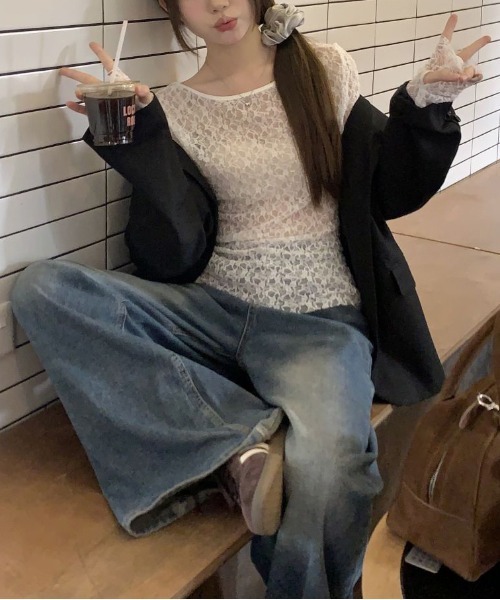 gossip!ロサンゼルス(ゴシップロサンゼルス)の「Y2K 前後2way レーシーシアートップス(Tシャツ/カットソー・レディース・ホワイト/ブラック・FREE)」の19枚目の写真