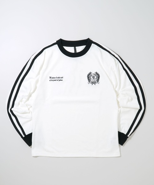 Anytime Songs（エニータイムソングス）の「oversize sleeve line ringer long sleeve T-shirt/オーバーサイズ 袖ライン フロント刺繍 リンガー ロングスリーブTシャツ（Tシャツ/カットソー・メンズ・ホワイト/ブラック系その他/ブラック/ホワイト系その他・S/M/L/XL）」の3枚目の写真