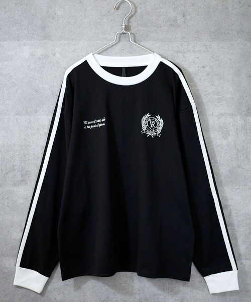 Anytime Songs（エニータイムソングス）の「oversize sleeve line ringer long sleeve T-shirt/オーバーサイズ 袖ライン フロント刺繍 リンガー ロングスリーブTシャツ（Tシャツ/カットソー・メンズ・ホワイト/ブラック系その他/ブラック/ホワイト系その他・S/M/L/XL）」の10枚目の写真