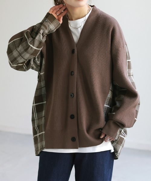 HUG.U(ハグユー)の「チェック柄切り替えカーディガン(カーディガン/ボレロ・レディース・ダークグレー/ダークブラウン/ブラック・FREE)」の1枚目の写真