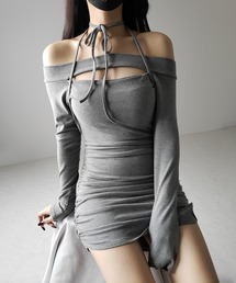 me+em select | 【 ２WAY 】クロスストラップリボンカットアウトオフショルミニワンピース ／ cross strap ribbon cutout offshoulder mini onepiece(ワンピース)