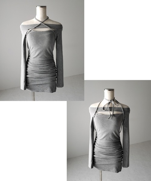 2WAY 】クロスストラップリボンカットアウトオフショルミニワンピース