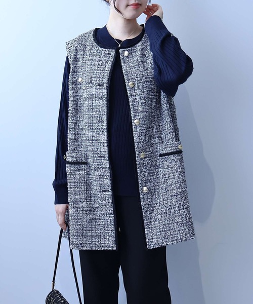 【セール】【L～5L 大きいサイズ】フリンジ使いツィードジレ（ベスト）｜fleur by mint breeze（フルールバイミントブリーズ）