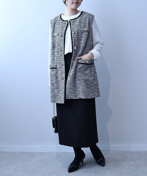 【セール】【L～5L 大きいサイズ】フリンジ使いツィードジレ（ベスト）｜fleur by mint breeze（フルールバイミントブリーズ）