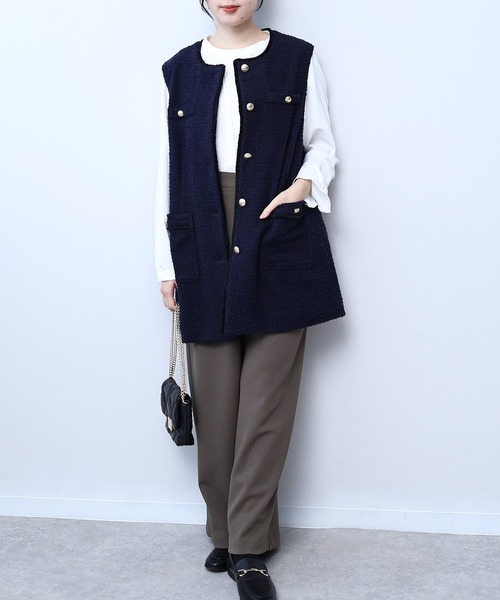 【セール】【L～5L 大きいサイズ】フリンジ使いツィードジレ（ベスト）｜fleur by mint breeze（フルールバイミントブリーズ）