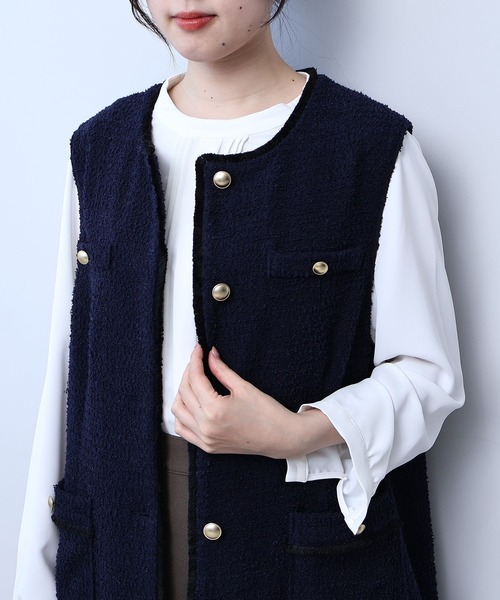 【セール】【L～5L 大きいサイズ】フリンジ使いツィードジレ（ベスト）｜fleur by mint breeze（フルールバイミントブリーズ）