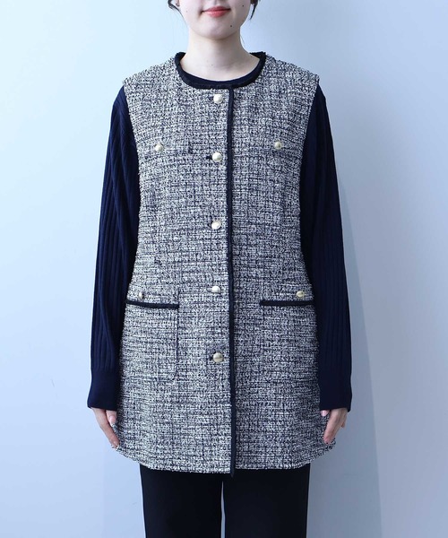 【セール】【L～5L 大きいサイズ】フリンジ使いツィードジレ（ベスト）｜fleur by mint breeze（フルールバイミントブリーズ）