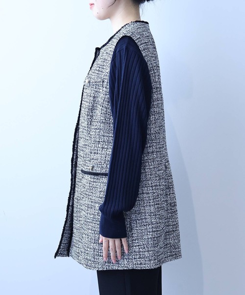 【セール】【L～5L 大きいサイズ】フリンジ使いツィードジレ（ベスト）｜fleur by mint breeze（フルールバイミントブリーズ）