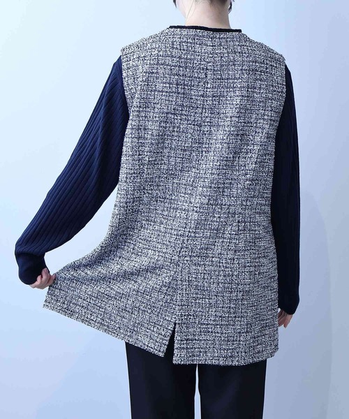 【セール】【L～5L 大きいサイズ】フリンジ使いツィードジレ（ベスト）｜fleur by mint breeze（フルールバイミントブリーズ）