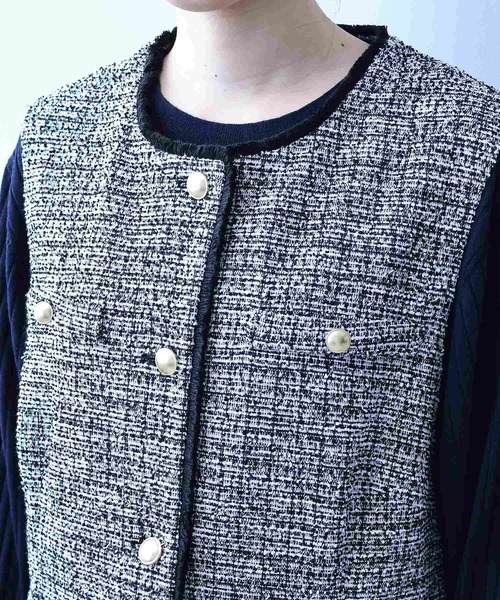 【セール】【L～5L 大きいサイズ】フリンジ使いツィードジレ（ベスト）｜fleur by mint breeze（フルールバイミントブリーズ）