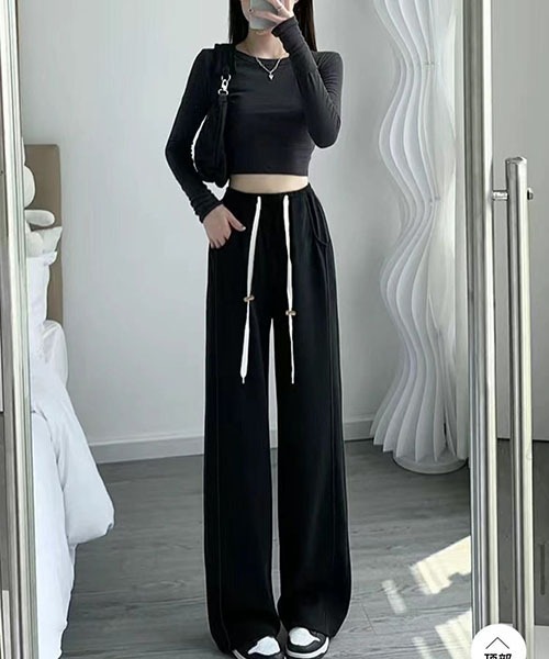 gossip！ロサンゼルス（ゴシップロサンゼルス）の「{妊婦可能} ハイウエスト ダブルドローコード ワイドスウェットパンツ レディース ルーズシルエット（スウェットパンツ・レディース・ブラック/グレー/ダークグレー/ライトグレー・L/M）」の9枚目の写真
