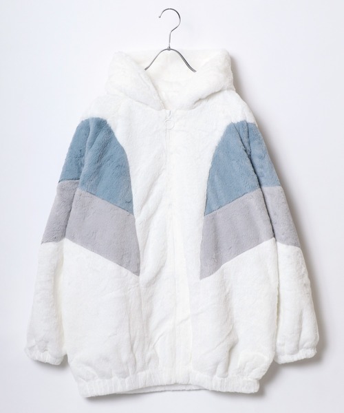 セール】配色カラーフェイクファージャケットブルゾン レディース