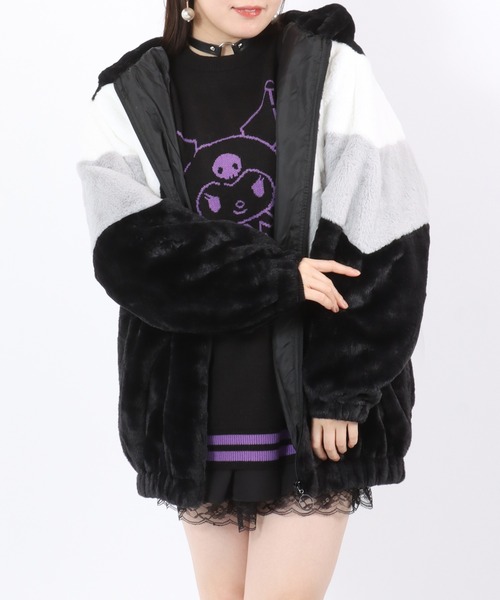 セール】配色カラーフェイクファージャケットブルゾン レディース