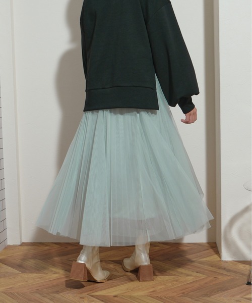palm RICHE（ポームリシュ）の「フレアパーツ　ウエストゴム　紐デザイン　プリーツチュールSK（スカート・レディース・ミント/ブラック/アイボリー/グレー・M）」の15枚目の写真